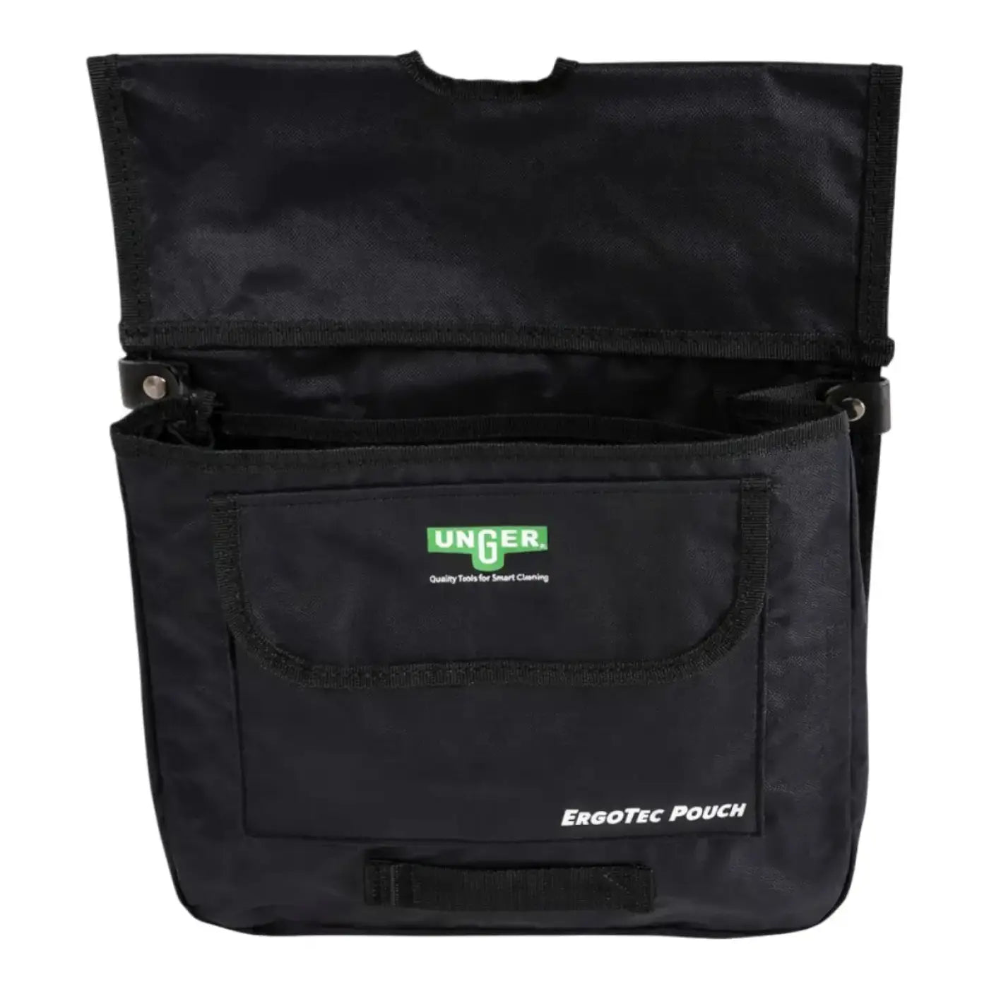 Schwarze unger ergotec tüchertasche bspou aus strapazierfähigem stoff mit grün-weißem branding