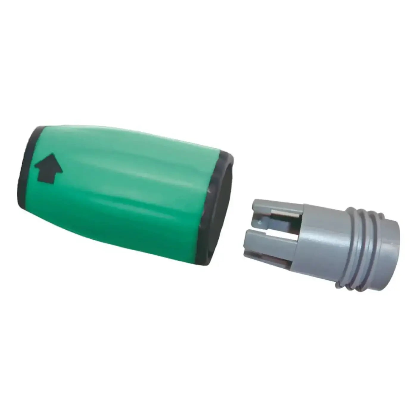 Grüner plastikmopfkappenverschluss mit schwarzem rand und pfeil und grauem metallverbinder für unger optiloc teleskopstangen