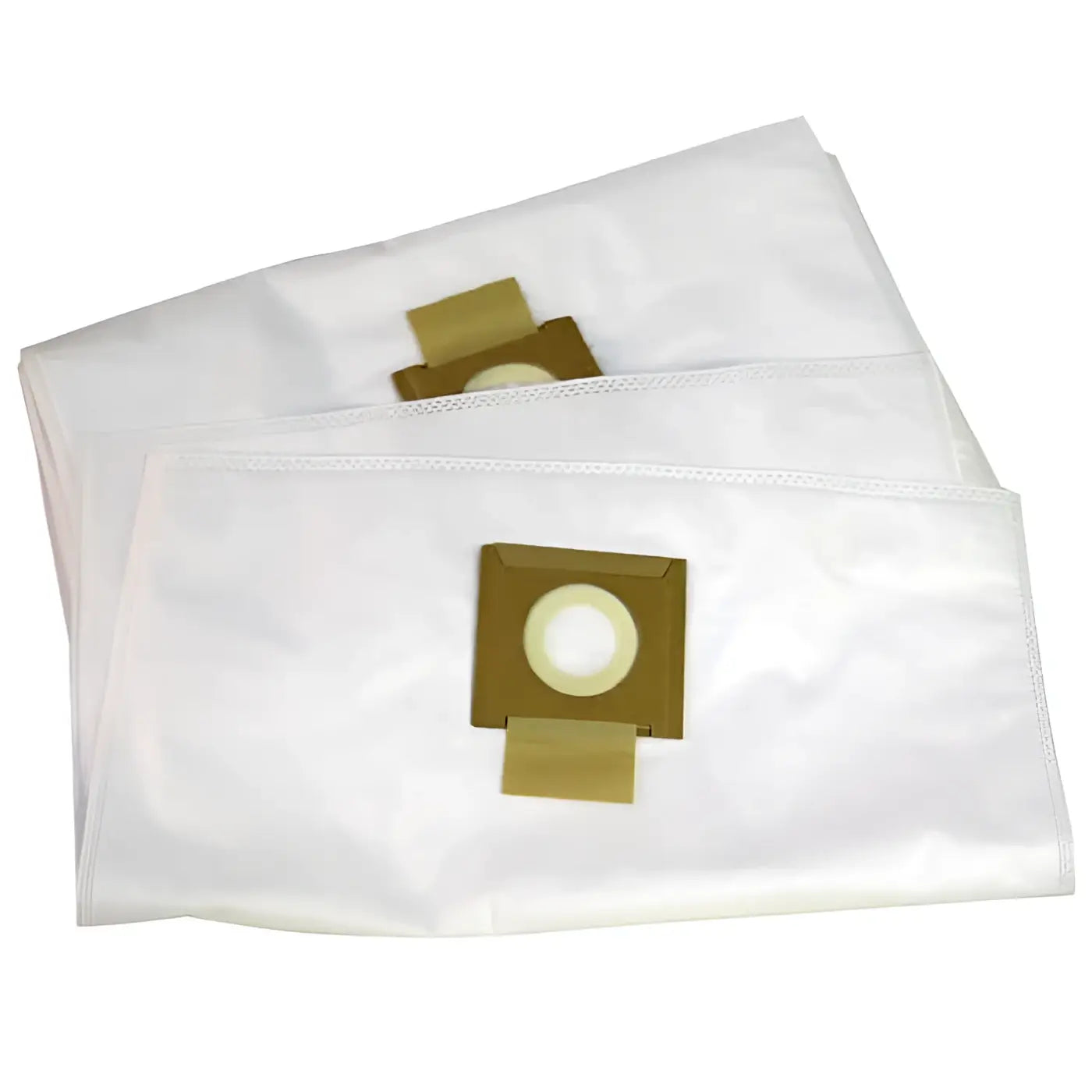 Weiße papiervakuumbeutel mit goldfarbenen kartonlaschen und mittiger kreisöffnung für viper 10l hepa staubsaugerbeutel dsu10 10 stück