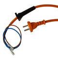 Orange viper netzkabel mit schwarzem griff und zweiadrigem stecker mit blauen und braunen kabeln in klaren verbindern