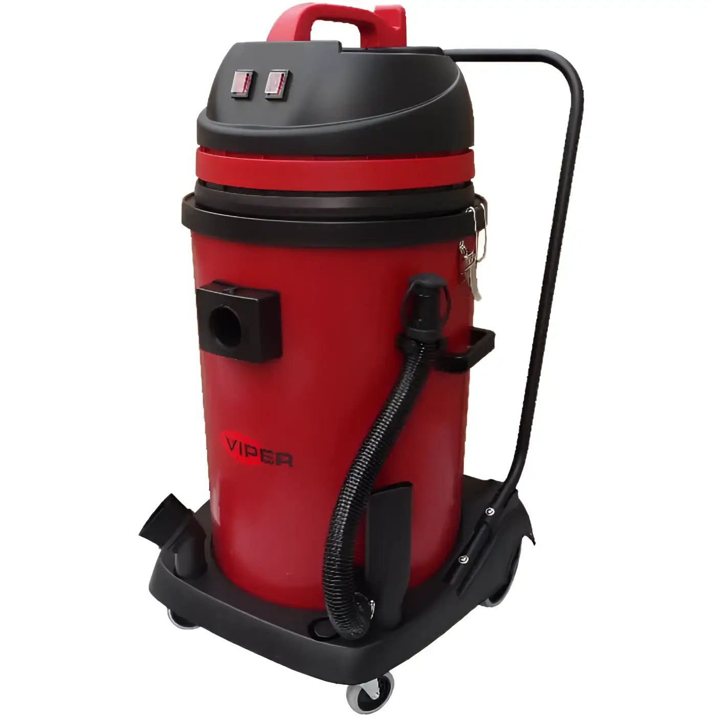 Roter und schwarzer viper nasssauger trockensauger lsu275 p mit robustem griff, flexiblem schlauch und rollenbasis