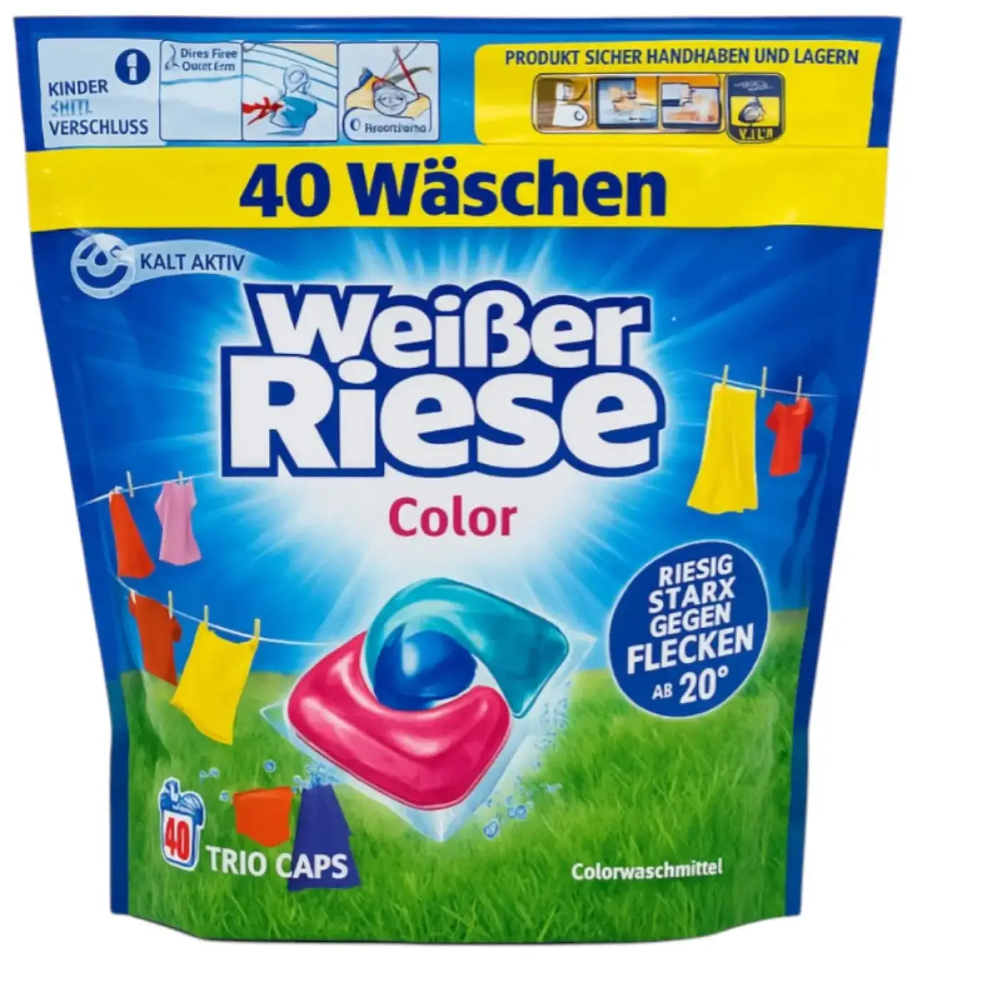 Weisser riese color trio caps 40wl 480g kapseln in blau-gelber verpackung für farbwaschmittel