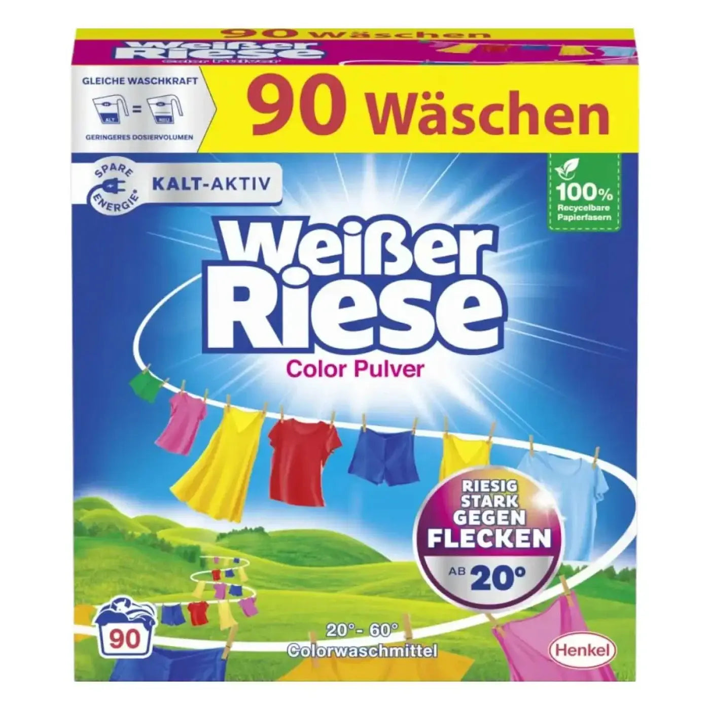 Weißer riese colorwaschmittel color pulver 90 wl in blau gelber verpackung mit buntem kleiderleine design