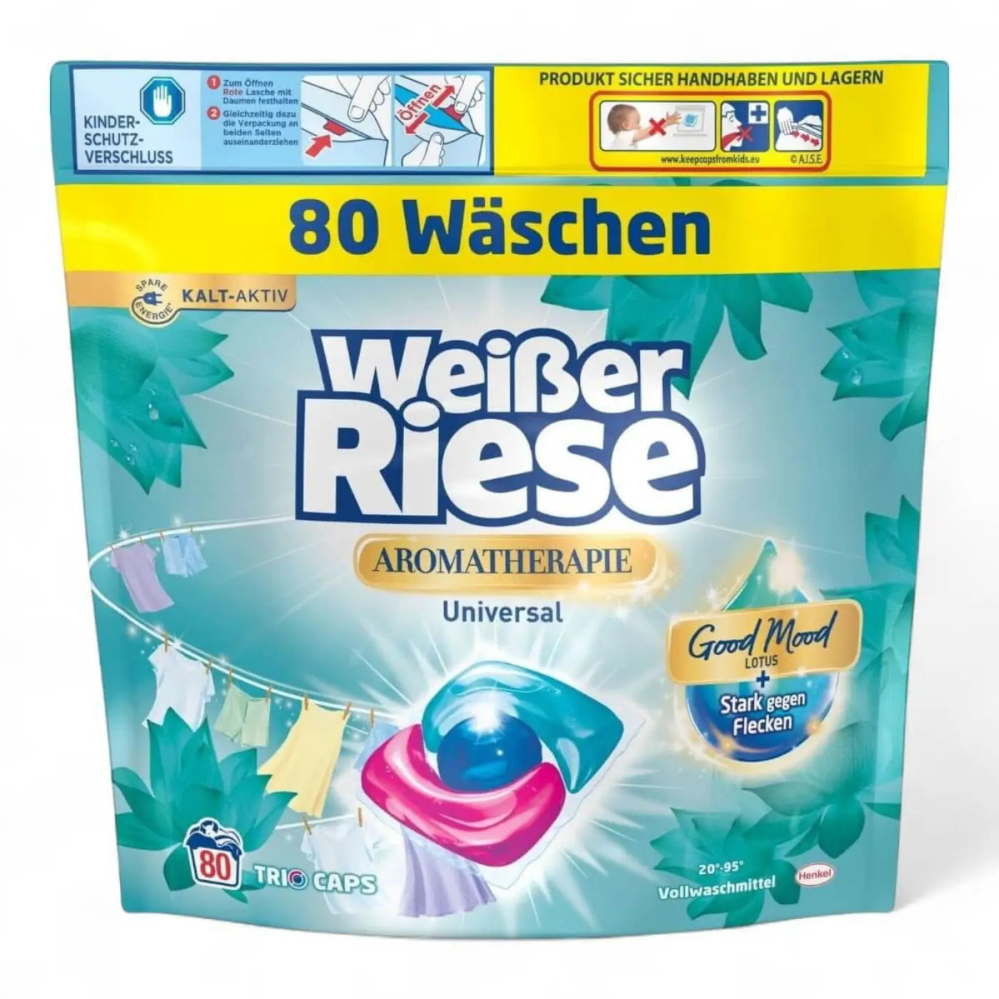 Weißer riese universal trio-caps aromatherapie 80 wl in einer wiederverschließbaren packung mit türkis-roten kapseln und grünem blattdesign