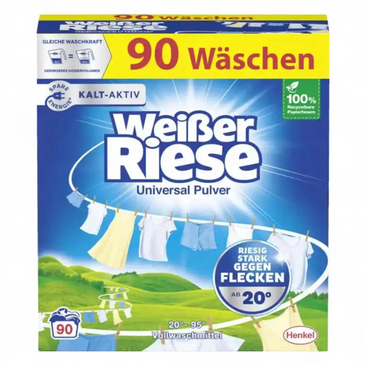 Blau weißer karton weißer riese vollwaschmittel universal pulver mit gelbem banner 90 wäscheneinheiten