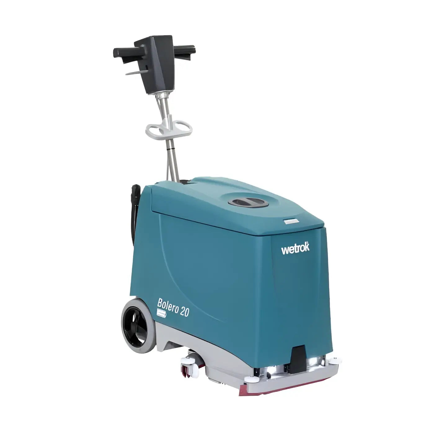 Teal und silberner wetrok bolero 20 bodenreinigungsautomat mit schwarzem griff und rotem bürstenkopf