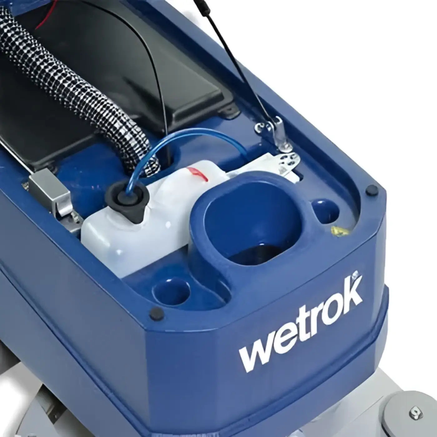 Wetrok discomatic mambo reinigungsmaschine bodenreinigungsmaschine blau mit weißem flüssigkeitsbehälter und schwarzem schachbrettschlauch
