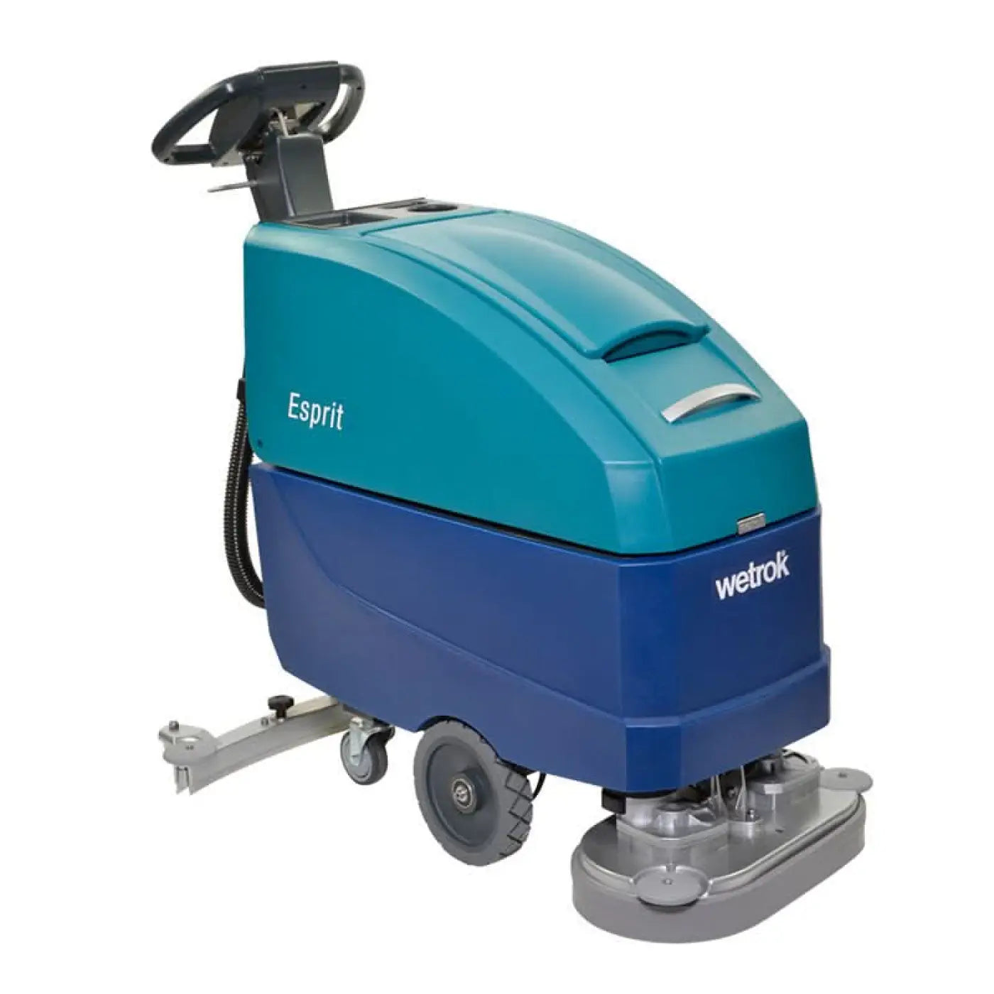 Teal und blaue wetrok esprit bodenreinigungsmaschine mit schwarzem lenkrad und grauem reinigungskopf