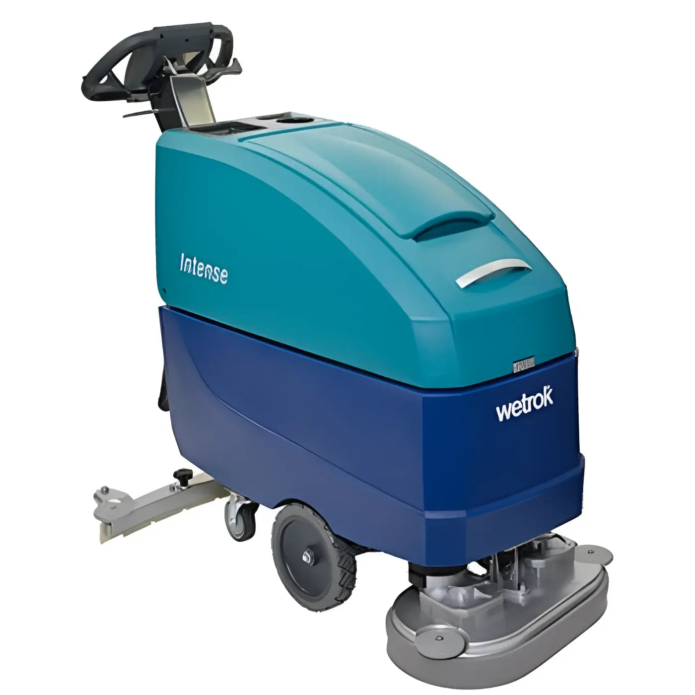 Teal und blaue wetronik intense bodenreinigungsmaschine mit schwarzem griff und grauem reinigungskopf wetrok duomatic intense dosing scheuersaugmaschine 60