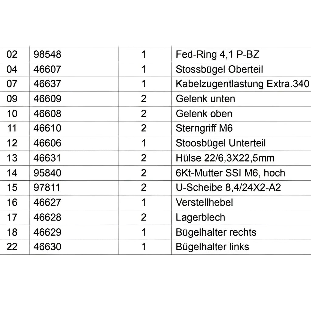 Technische teileliste für die mechanische baugruppe des wetrok gelenk unten extravac 340 reinigungsgeräts