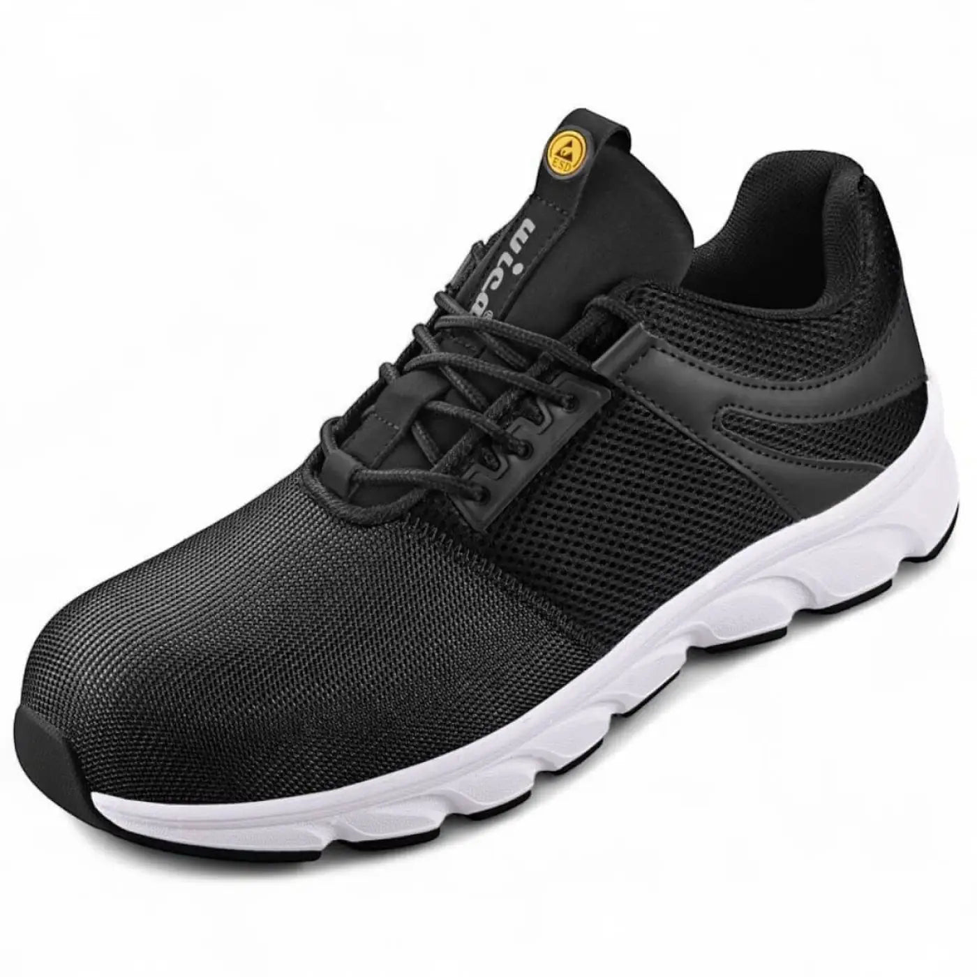 Schwarzer mesh-halbschuh wica lanzo 31540 mit weißer gummisohle, schwarzen schnürsenkeln und gelbem logo auf der zunge